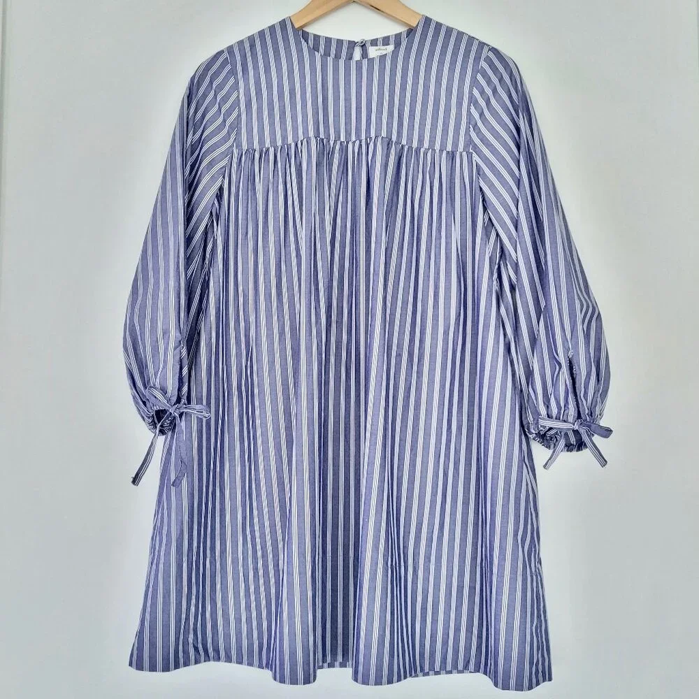 Aritzia Wilfred Le Fou Lessines Poplin Smock Dress Blue Stripe Size XS Oversized - Picture 6 of 14